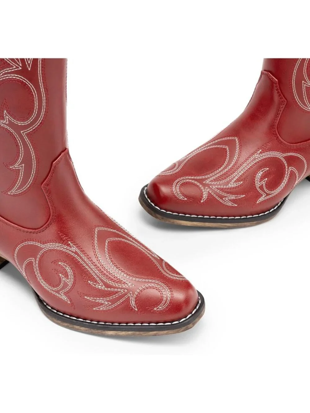 Women's Red Rubber Cowgirl Knee High Pointed Toe Block Heel Embroiderd Boots